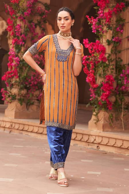 Shop_Reeti Arneja_Yellow Velvet Embroidery, Beads V-neck Tie Dye Kurta Salwar Set _at_Aza_Fashions