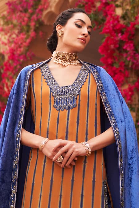 Reeti Arneja_Yellow Velvet Embroidery, Beads V-neck Tie Dye Kurta Salwar Set _Online_at_Aza_Fashions