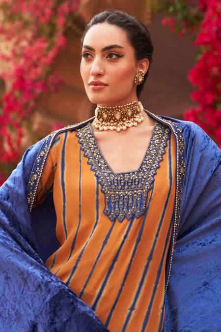 Shop_Reeti Arneja_Yellow Velvet Embroidery, Beads V-neck Tie Dye Kurta Salwar Set _Online_at_Aza_Fashions