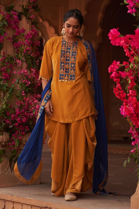 Shop_Reeti Arneja_Yellow Velvet, Chiffon Beads Round Neck Rabiya Hand Embellished Kurta Salwar Set _at_Aza_Fashions