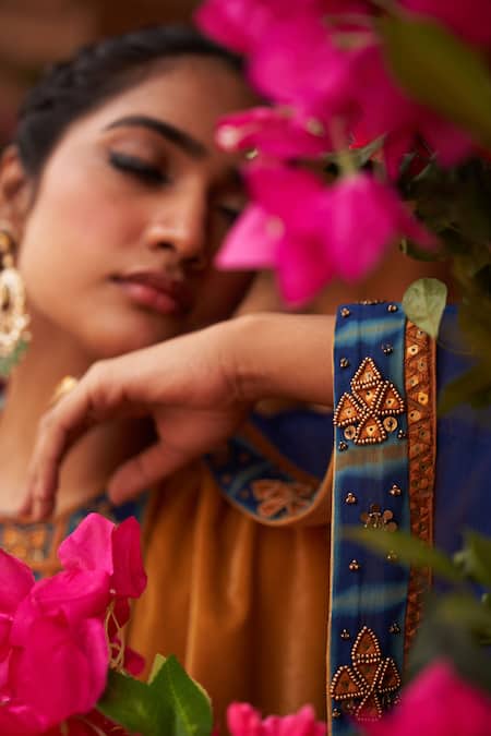 Shop_Reeti Arneja_Yellow Velvet, Chiffon Beads Round Neck Rabiya Hand Embellished Kurta Salwar Set _Online_at_Aza_Fashions