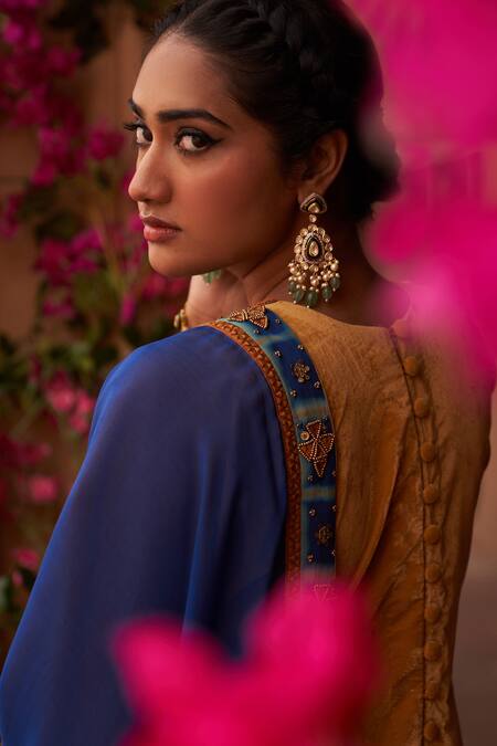 Buy_Reeti Arneja_Yellow Velvet, Chiffon Beads Round Neck Rabiya Hand Embellished Kurta Salwar Set 