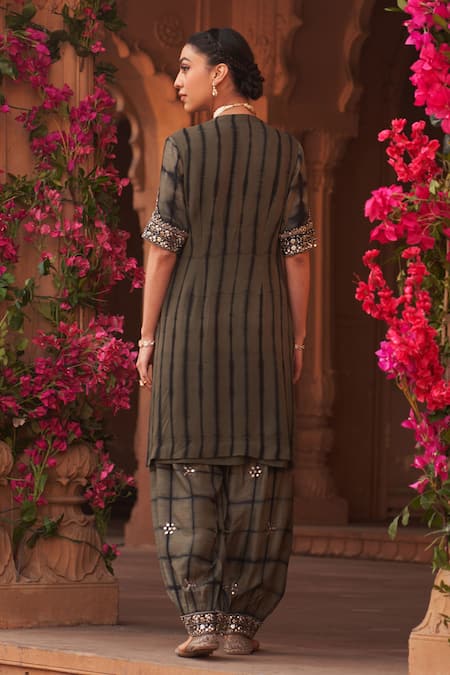 Shop_Reeti Arneja_Green Georgette, Velvet Beads, Cut Work, Embroidery Beaded Yoke Kurta Salwar Set _at_Aza_Fashions