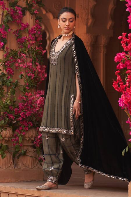 Reeti Arneja_Green Georgette, Velvet Beads, Cut Work, Embroidery Beaded Yoke Kurta Salwar Set _Online_at_Aza_Fashions