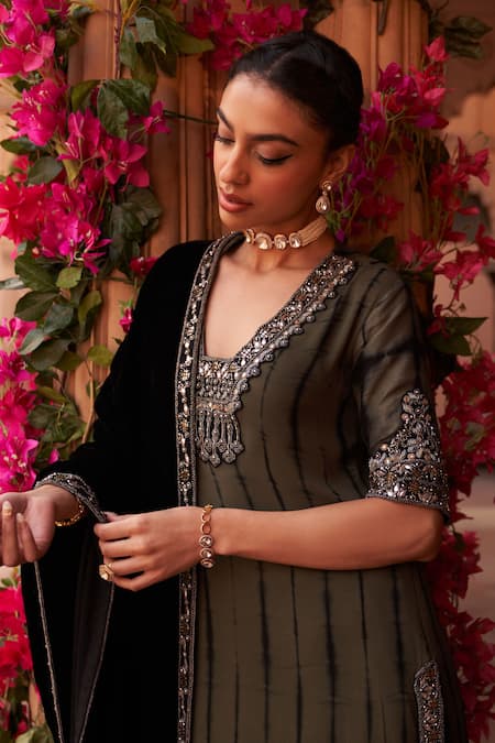 Shop_Reeti Arneja_Green Georgette, Velvet Beads, Cut Work, Embroidery Beaded Yoke Kurta Salwar Set _Online_at_Aza_Fashions