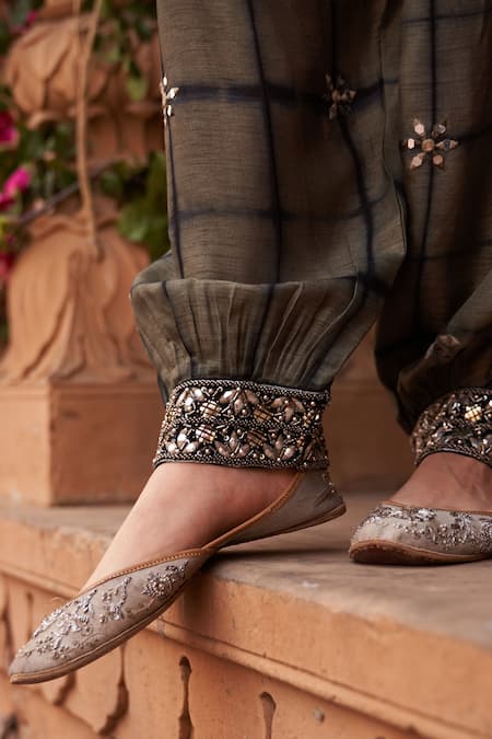 Reeti Arneja_Green Georgette, Velvet Beads, Cut Work, Embroidery Beaded Yoke Kurta Salwar Set _at_Aza_Fashions