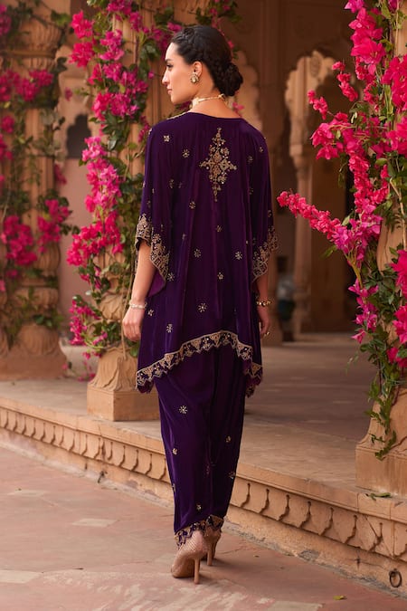 Shop_Reeti Arneja_Purple Velvet, Organza Embroidery, Zari Mandarin Collar Hand Kurta Salwar Set _at_Aza_Fashions