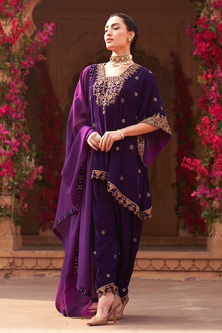 Reeti Arneja_Purple Velvet, Organza Embroidery, Zari Mandarin Collar Hand Kurta Salwar Set _Online_at_Aza_Fashions