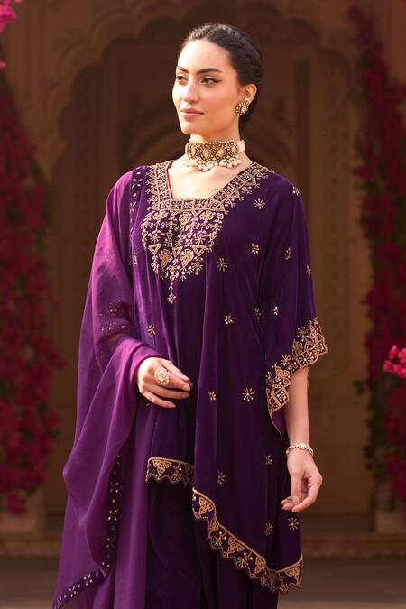 Buy_Reeti Arneja_Purple Velvet, Organza Embroidery, Zari Mandarin Collar Hand Kurta Salwar Set _Online_at_Aza_Fashions