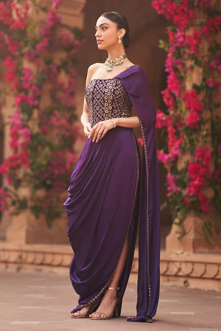 Reeti Arneja Purple Modal, Satin Cut Work, Pre-cowl Draped Saree With Embroidered Blouse Online at Aza Fashions Reeti Arneja_Purple Modal, Satin Cut Work, Pre-cowl Draped Saree With Embroidered Blouse _Online_at_Aza_Fashions
