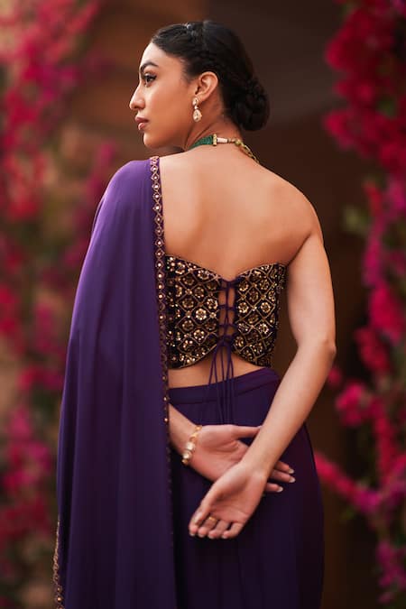 Buy Reeti Arneja Purple Modal, Satin Cut Work, Pre-cowl Draped Saree With Embroidered Blouse Online at Aza Fashions Buy_Reeti Arneja_Purple Modal, Satin Cut Work, Pre-cowl Draped Saree With Embroidered Blouse _Online_at_Aza_Fashions