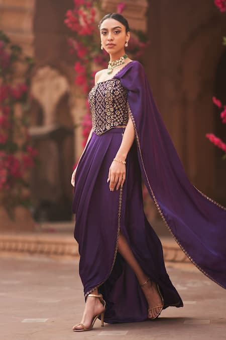 Shop Reeti Arneja Purple Modal, Satin Cut Work, Pre-cowl Draped Saree With Embroidered Blouse Online at Aza Fashions Shop_Reeti Arneja_Purple Modal, Satin Cut Work, Pre-cowl Draped Saree With Embroidered Blouse _Online_at_Aza_Fashions