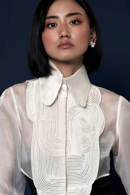 Shop Pankaj & Nidhi Ivory Silk Organza Pearls High Neck Swirling Sea Accordion Shirt at Aza Fashions Shop_Pankaj & Nidhi_Ivory Silk Organza Pearls High Neck Swirling Sea Accordion Shirt _at_Aza_Fashions