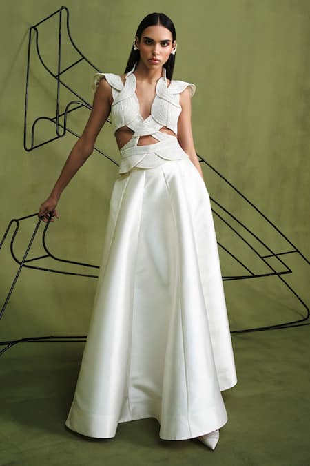 Pankaj & Nidhi Ivory Harness Top Tulle Embellished With Glazed Panelled Skirt  