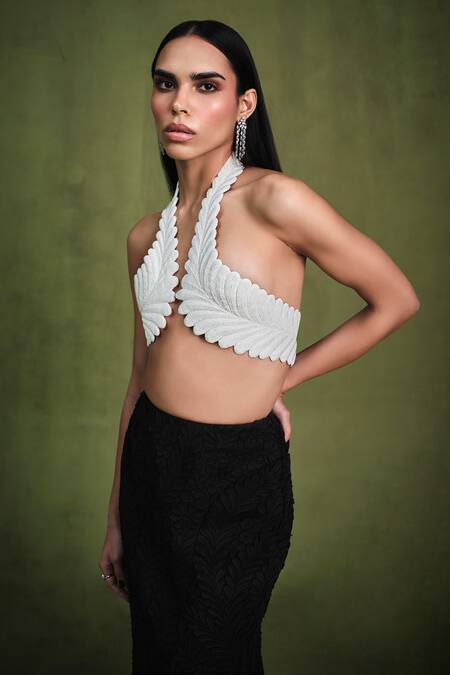 Pankaj & Nidhi Ivory Satin, Suede Pearls, Pearlesque Encrusted Harness Top With Engraved Skirt Online at Aza Fashions Pankaj & Nidhi_Ivory Satin, Suede Pearls, Pearlesque Encrusted Harness Top With Engraved Skirt _Online_at_Aza_Fashions