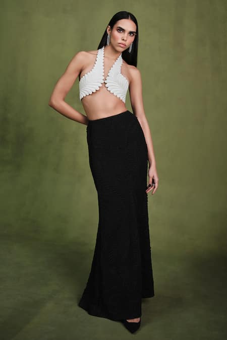 Pankaj & Nidhi Pearlesque Encrusted Halter Harness Top With Engraved Skirt 