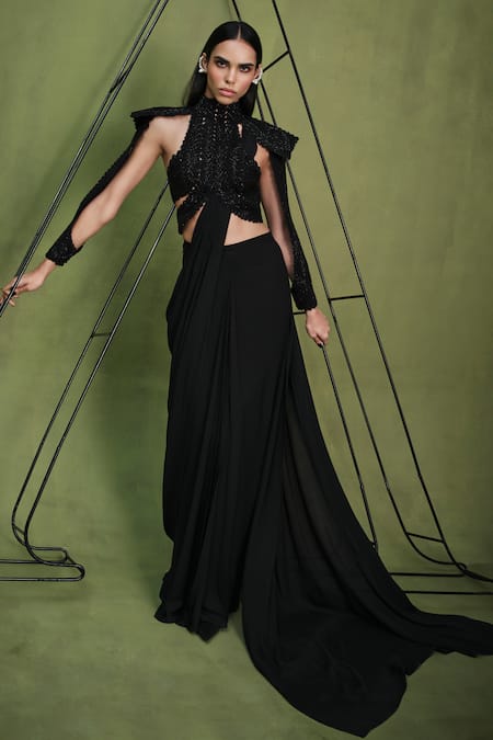 Pankaj & Nidhi Black Harness Top Tulle Ambrosia Encrusted With Plain Pre-draped  