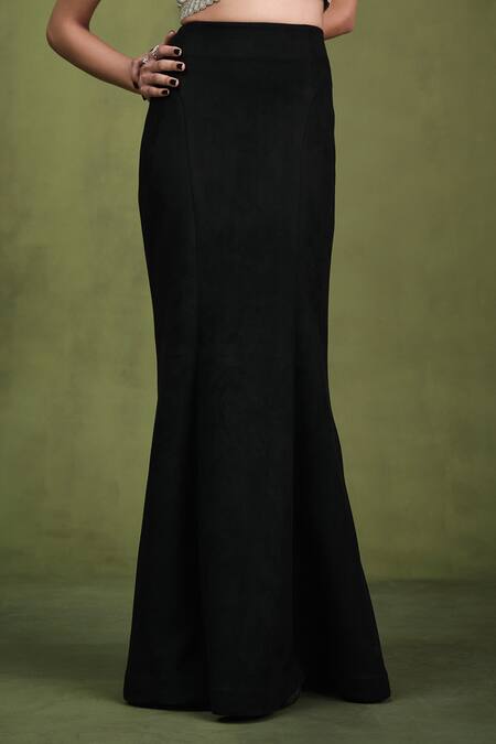 Pankaj & Nidhi_Gold Satin, Suede Cut Work, Wing Sleeves Encrusted Harness Top With Skirt _Online_at_Aza_Fashions