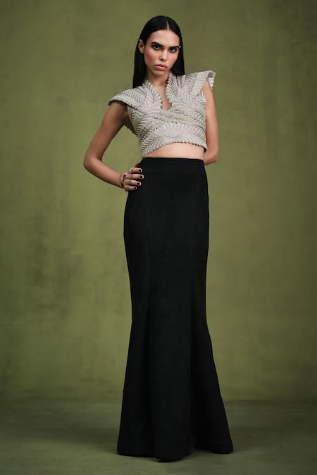 Pankaj & Nidhi Wing Sleeves Encrusted Harness Top With Suede Skirt 