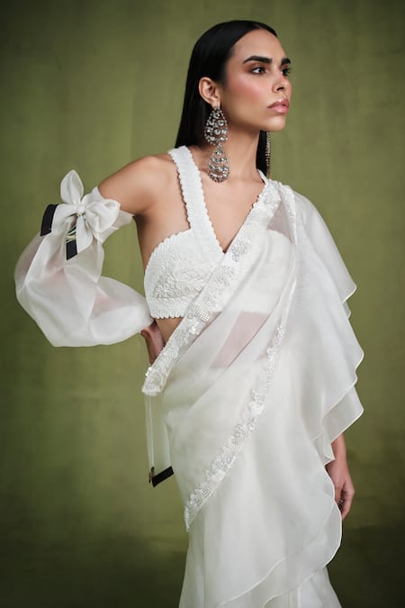 Pankaj & Nidhi_Ivory Tulle, Satin, Pearlesque Border Pre-draped Ruffled Saree With Bustier _Online_at_Aza_Fashions