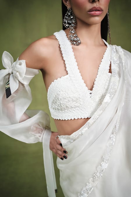 Buy_Pankaj & Nidhi_Ivory Tulle, Satin, Pearlesque Border Pre-draped Ruffled Saree With Bustier _Online_at_Aza_Fashions