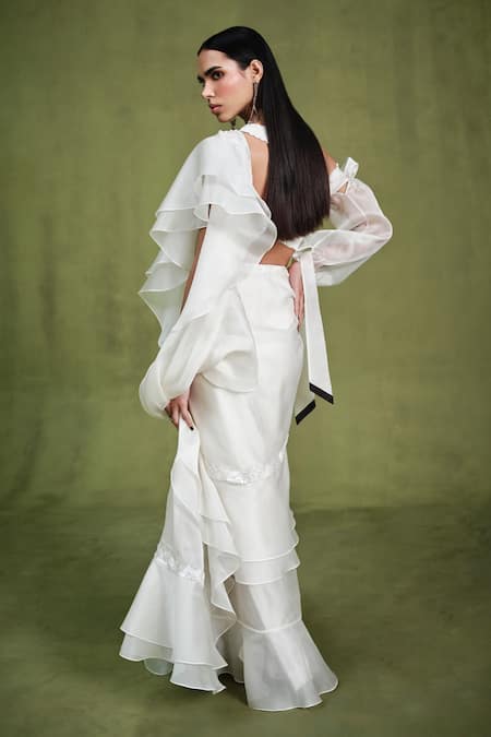 Pankaj & Nidhi Pearlesque Border Embroidered Pre-Draped Ruffled Saree With Bustier 