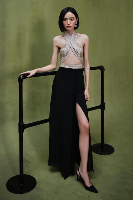 Pankaj & Nidhi Gold Harness Top Tulle Embroidery Encrusted With Side Slit Skirt  