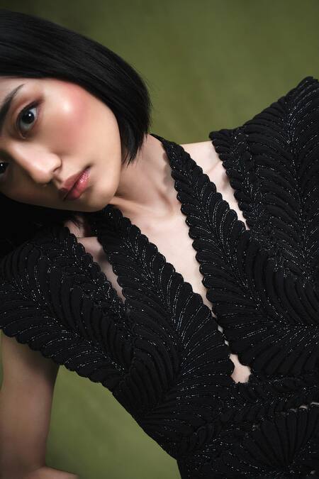 Pankaj & Nidhi_Black Tulle, Satin Cut Work Halter Warrior Goddess Dana Encrusted Mini Dress _Online_at_Aza_Fashions