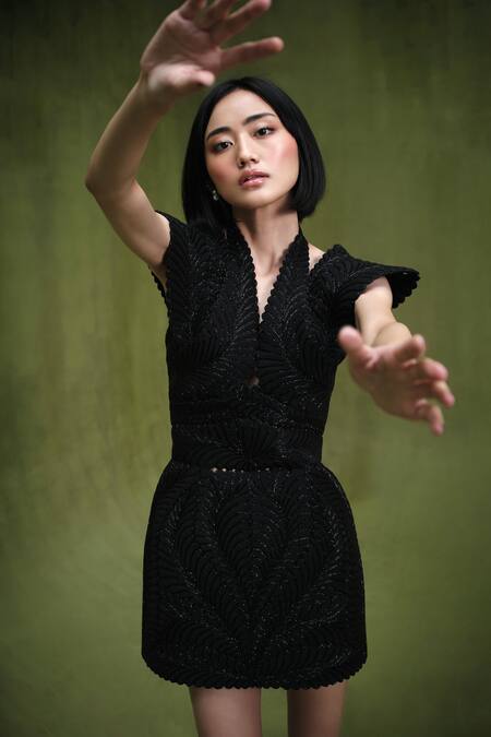 Buy_Pankaj & Nidhi_Black Tulle, Satin Cut Work Halter Warrior Goddess Dana Encrusted Mini Dress _Online_at_Aza_Fashions