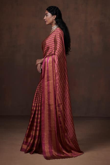 Dressfolk_Pink Tissue Zari Striped Saree With Running Blouse_Online_at_Aza_Fashions