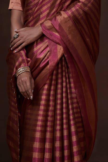 Buy_Dressfolk_Pink Tissue Zari Striped Saree With Running Blouse_Online_at_Aza_Fashions