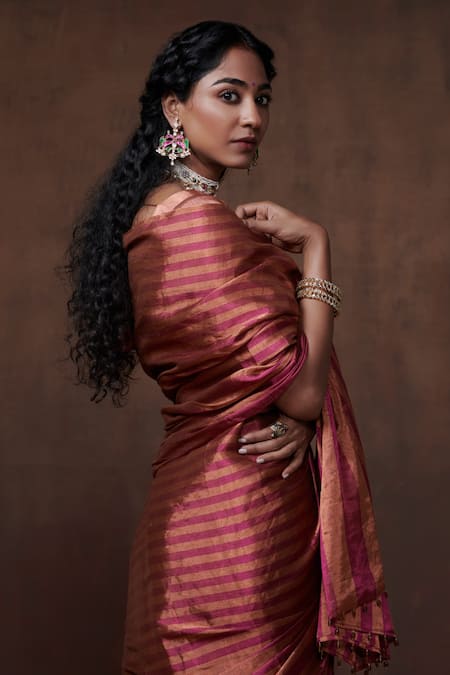 Shop_Dressfolk_Pink Tissue Zari Striped Saree With Running Blouse_Online_at_Aza_Fashions