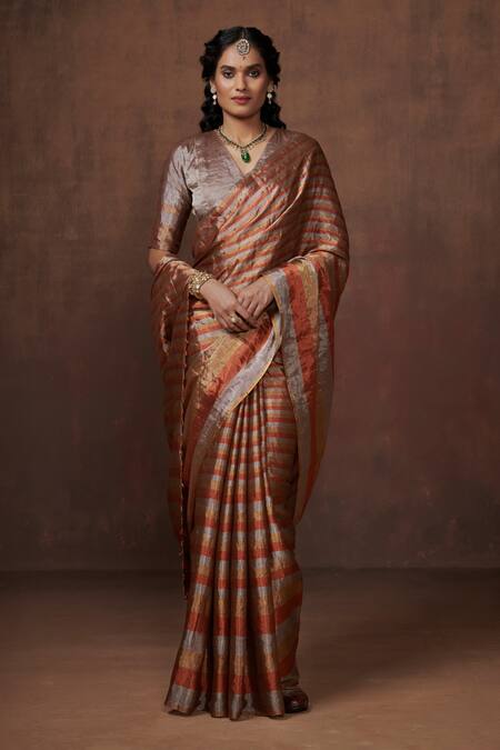 Dressfolk_Gold Tissue Zari Striped Saree Set With Running Blouse_Online_at_Aza_Fashions