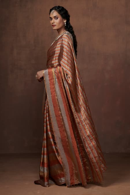Buy_Dressfolk_Gold Tissue Zari Striped Saree Set With Running Blouse_Online_at_Aza_Fashions