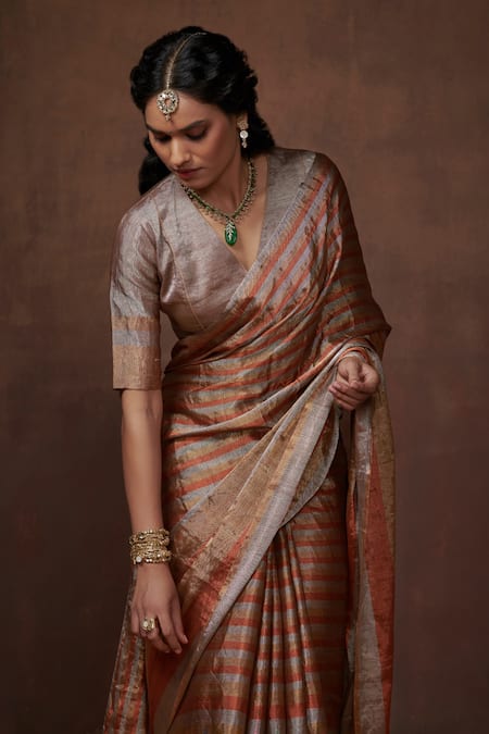 Shop_Dressfolk_Gold Tissue Zari Striped Saree Set With Running Blouse_Online_at_Aza_Fashions