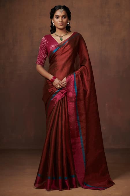 Dressfolk Maroon Tissue Zari Maitri Border Handwoven Saree With Unstitched Blouse Fabric 