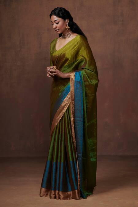 Dressfolk_Blue Tissue Color Block Handwoven Saree With Running Blouse_Online_at_Aza_Fashions