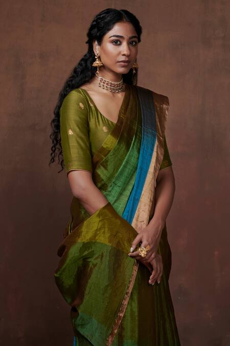Buy_Dressfolk_Blue Tissue Color Block Handwoven Saree With Running Blouse_Online_at_Aza_Fashions