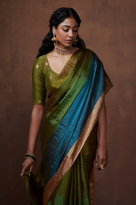 Shop_Dressfolk_Blue Tissue Color Block Handwoven Saree With Running Blouse_Online_at_Aza_Fashions