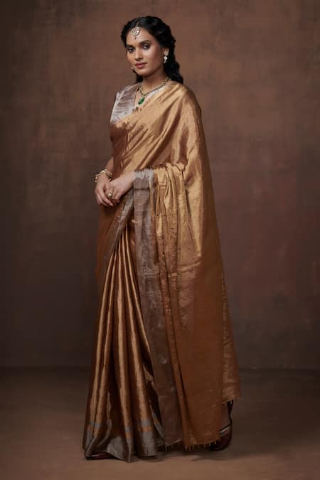 Dressfolk_Gold Tissue Handwoven Saree With Running Blouse _Online_at_Aza_Fashions
