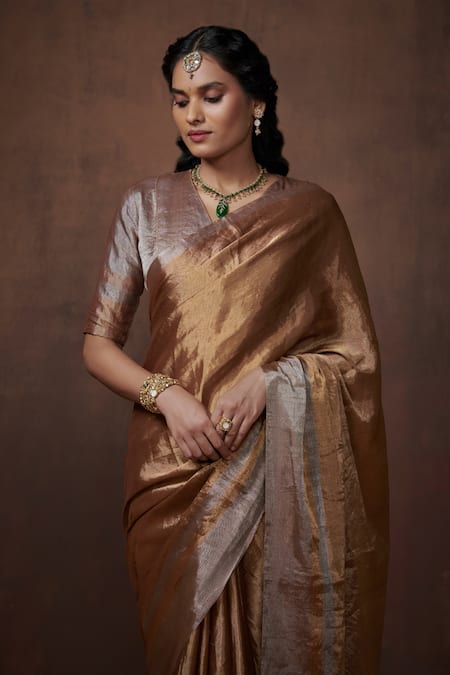 Buy_Dressfolk_Gold Tissue Handwoven Saree With Running Blouse _Online_at_Aza_Fashions