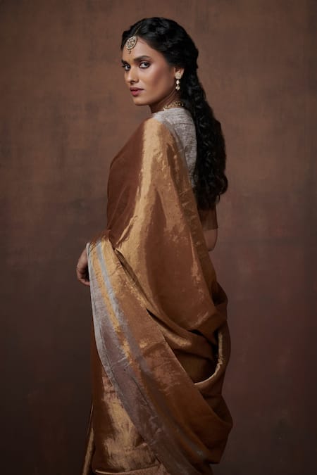 Shop_Dressfolk_Gold Tissue Handwoven Saree With Running Blouse _Online_at_Aza_Fashions