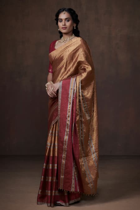 Dressfolk_Gold Tissue Stripe Border Handwoven Saree With Running Blouse _Online_at_Aza_Fashions