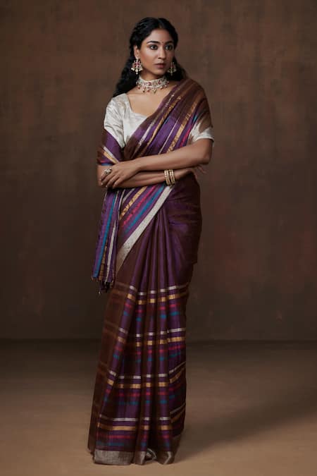 Dressfolk Bhanupriya Striped Handwoven Saree With Unstitched Blouse Fabric 