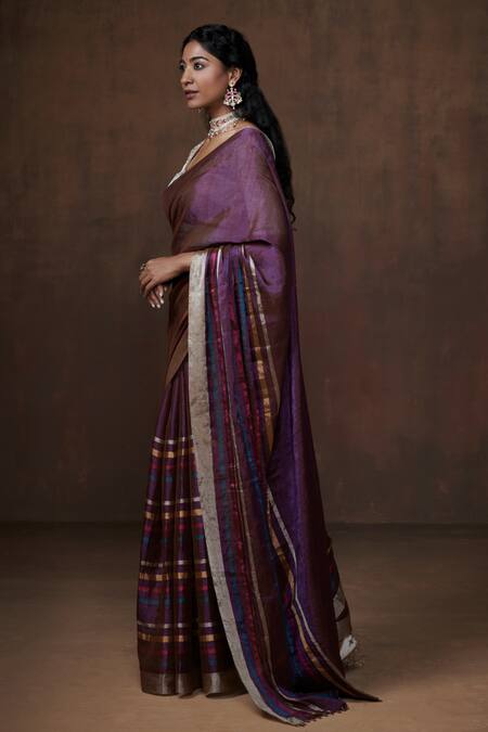 Dressfolk Purple Tissue Striped Handwoven Saree Set With Running Blouse Online at Aza Fashions Dressfolk_Purple Tissue Striped Handwoven Saree Set With Running Blouse _Online_at_Aza_Fashions