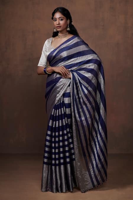 Dressfolk Husna Awning Striped Handwoven Saree With Unstitched Blouse Fabric 