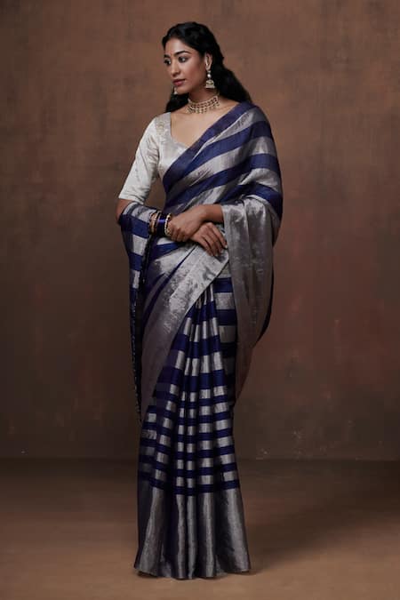 Dressfolk Blue Tissue Handwoven Awning Striped Saree With Running Blouse Online at Aza Fashions Dressfolk_Blue Tissue Handwoven Awning Striped Saree With Running Blouse _Online_at_Aza_Fashions
