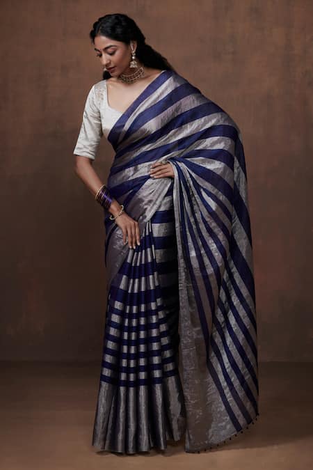 Buy Dressfolk Blue Tissue Handwoven Awning Striped Saree With Running Blouse Online at Aza Fashions Buy_Dressfolk_Blue Tissue Handwoven Awning Striped Saree With Running Blouse _Online_at_Aza_Fashions