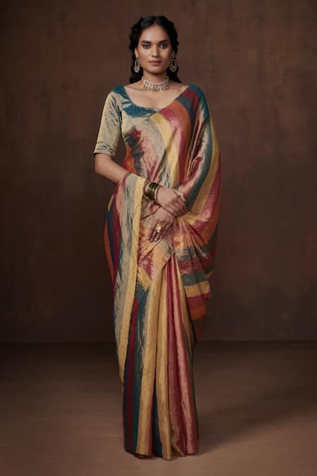 Dressfolk Multi Color Tissue Dhyuti Zari Handwoven Saree With Unstitched Blouse Fabric 