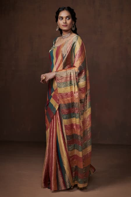 Dressfolk Multi Color Tissue Handwoven Zari Bengal Striped Saree With Running Blouse Online at Aza Fashions Dressfolk_Multi Color Tissue Handwoven Zari Bengal Striped Saree With Running Blouse _Online_at_Aza_Fashions